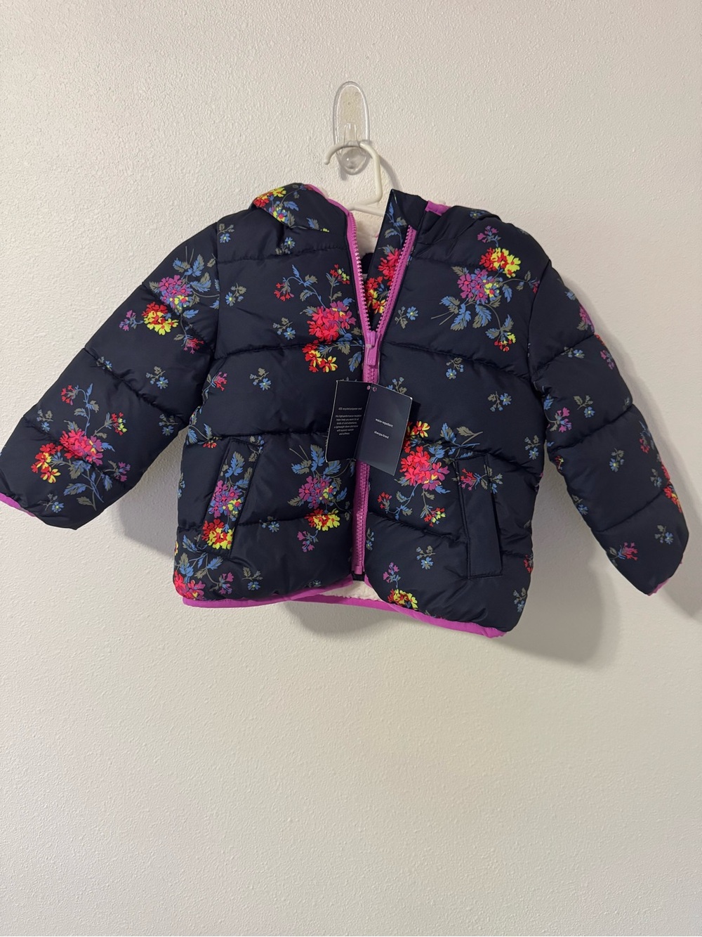 Gap Baby Navy Floral Sherpa Lined Puffer Jacket Hood Zipper Outdoor NWT-2 Year
